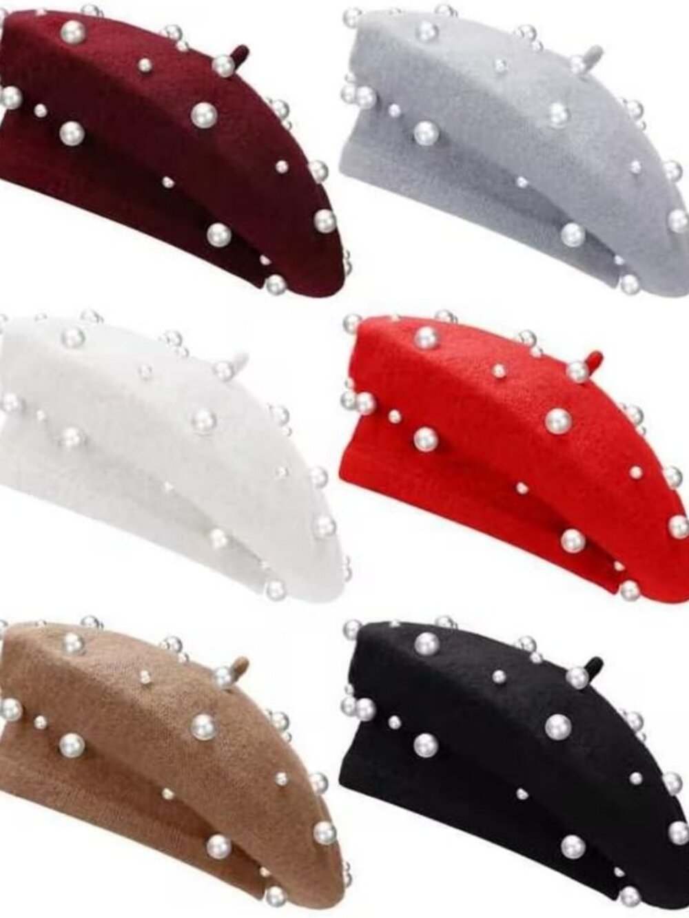 Chic 6-Pc Pearl Beaded Wool French Beret Set for Women - Stylish & Trendy